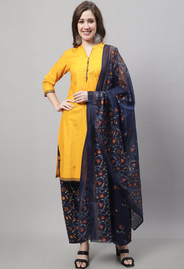 Yellow Cotton Pure Printed Salwar Suit with Dupatta