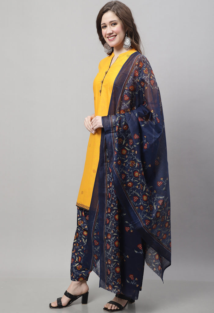 Yellow Cotton Pure Printed Salwar Suit with Dupatta