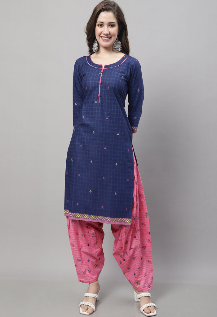 Navy Blue Pure Cotton Printed Salwar Suit with Dupatta