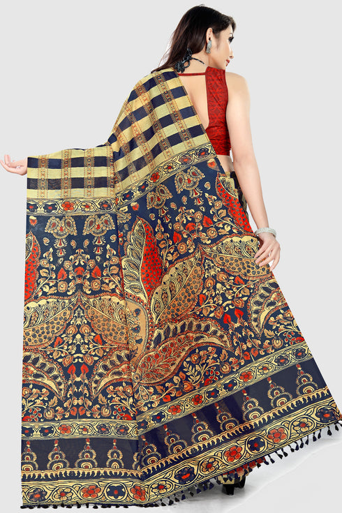 Beige And Black Cotton Silk  Printed Traditional  Saree With Blouse Piece