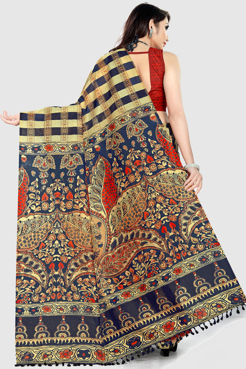 Beige And Black Cotton Silk  Printed Traditional  Saree With Blouse Piece