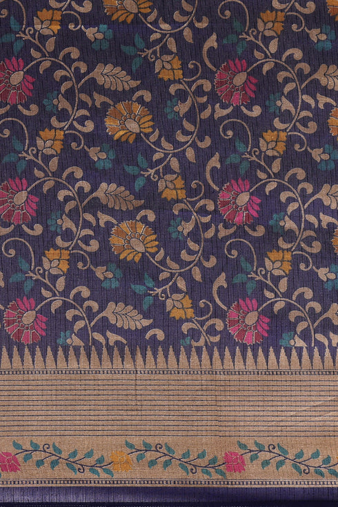 Blue Tussar Silk  Printed Traditional  Saree With Blouse Piece