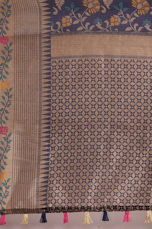 Blue Tussar Silk  Printed Traditional  Saree With Blouse Piece