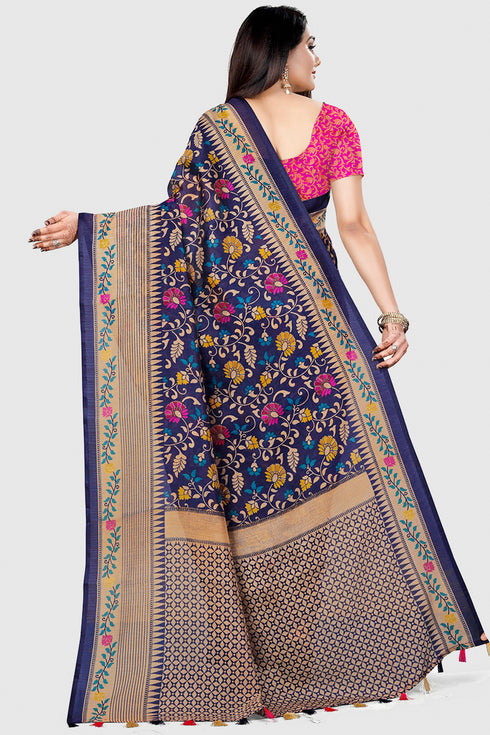 Blue Tussar Silk  Printed Traditional  Saree With Blouse Piece