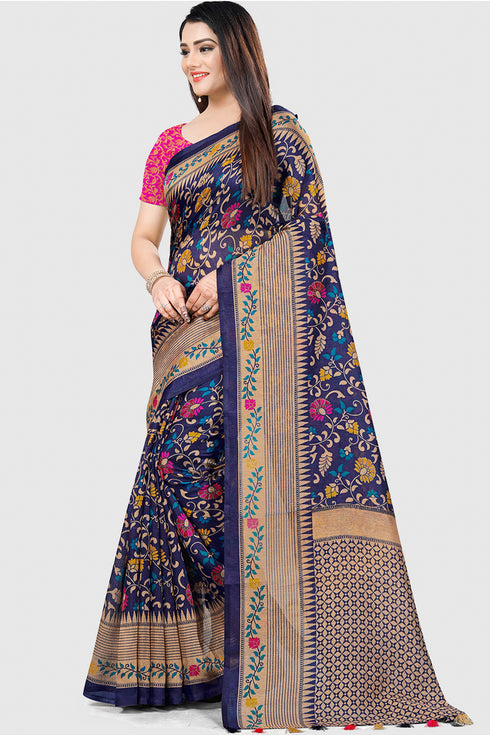 Blue Tussar Silk  Printed Traditional  Saree With Blouse Piece