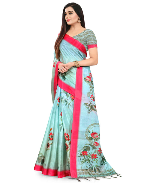 Turquoise Cotton Silk  Printed Traditional  Saree With Blouse Piece