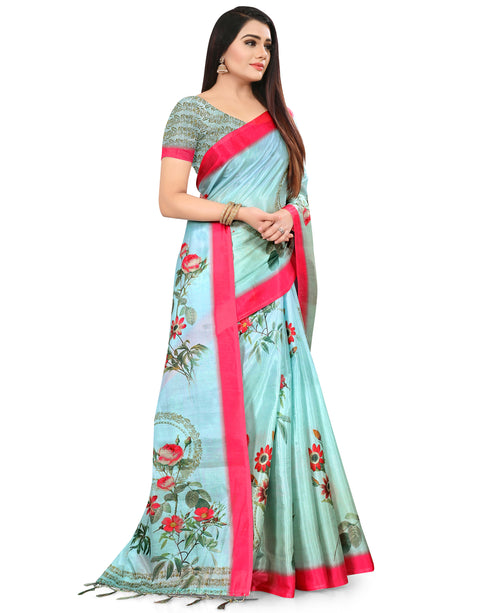 Turquoise Cotton Silk  Printed Traditional  Saree With Blouse Piece