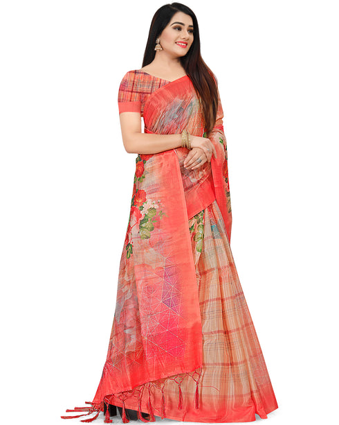 Peach Cotton Silk  Printed Traditional  Saree With Blouse Piece