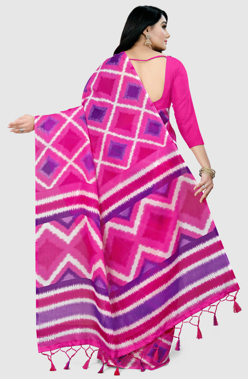Pink And Purple Kota Doria Cotton  Printed Traditional  Saree With Blouse Piece