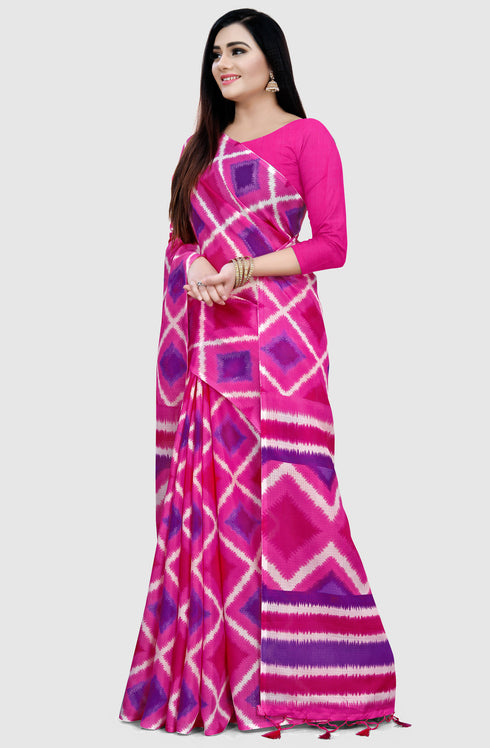 Pink And Purple Kota Doria Cotton  Printed Traditional  Saree With Blouse Piece
