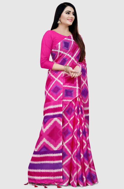 Pink And Purple Kota Doria Cotton  Printed Traditional  Saree With Blouse Piece