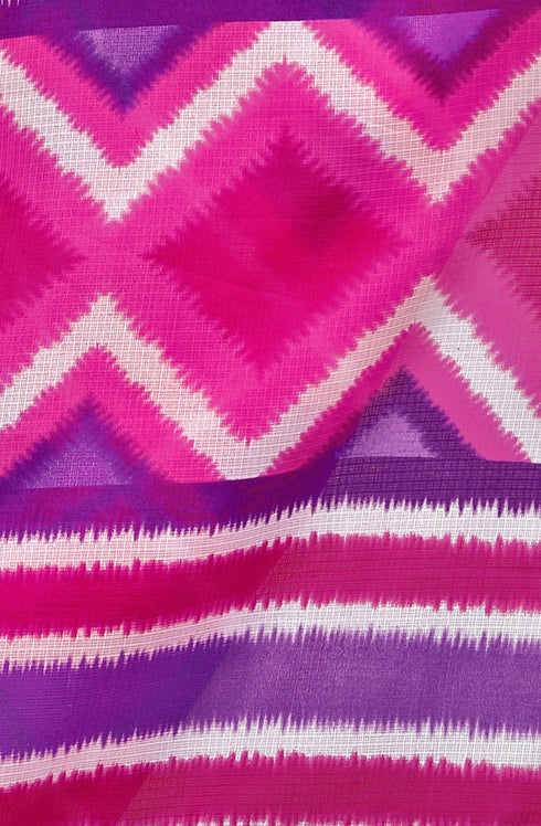 Pink And Purple Kota Doria Cotton  Printed Traditional  Saree With Blouse Piece
