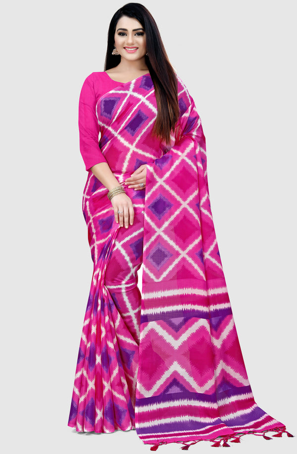 Pink And Purple Kota Doria Cotton  Printed Traditional  Saree With Blouse Piece