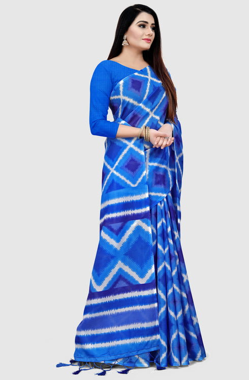 Blue Kota Doria Cotton  Printed Traditional  Saree With Blouse Piece