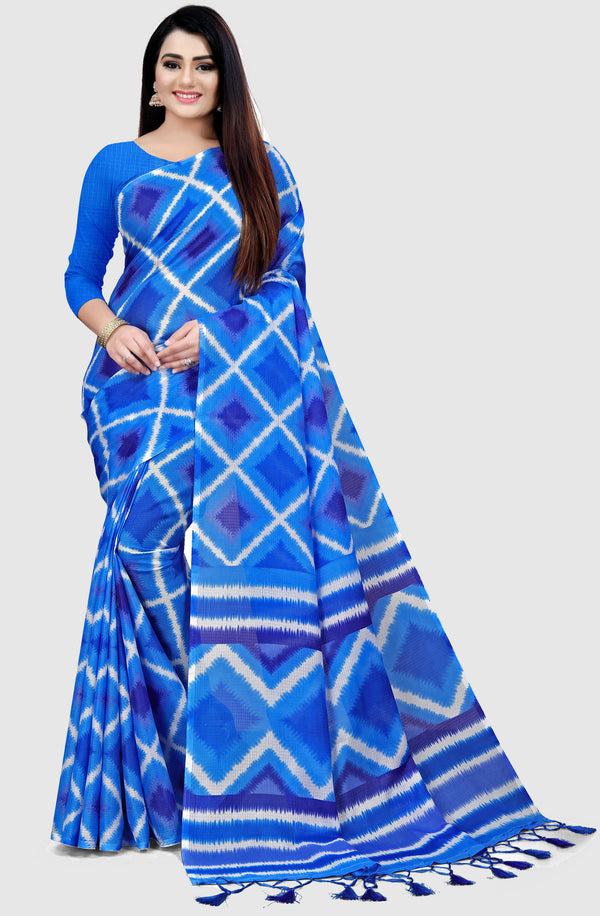 Blue Kota Doria Cotton  Printed Traditional  Saree With Blouse Piece