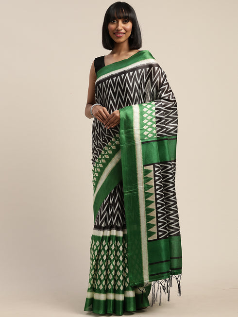 Green And Black Silk  Printed Traditional  Saree With Blouse Piece