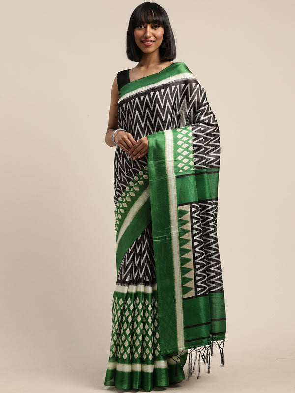 Green And Black Silk  Printed Traditional  Saree With Blouse Piece