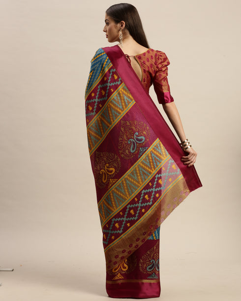 Sku Blue And Wine Kota Silk Jamdani Printed Traditional  Saree With Blouse Piece