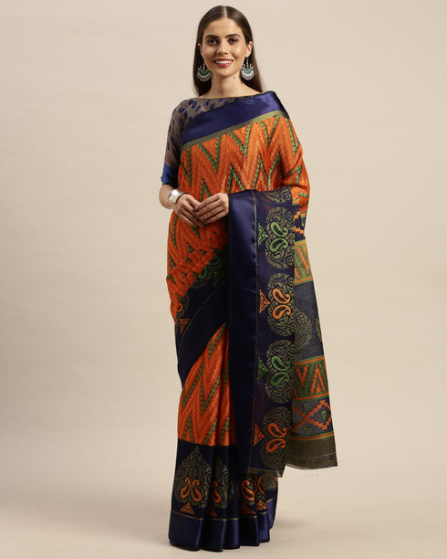 Orange And Royal Blue Kota Silk Jamdani Printed Traditional  Saree With Blouse Piece