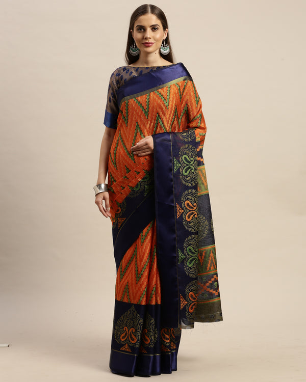 Orange And Royal Blue Kota Silk Jamdani Printed Traditional  Saree With Blouse Piece