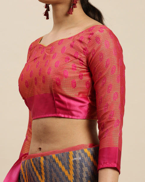 Blue And Pink Kota Silk Jamdani Printed Traditional  Saree With Blouse Piece