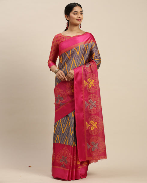 Blue And Pink Kota Silk Jamdani Printed Traditional  Saree With Blouse Piece