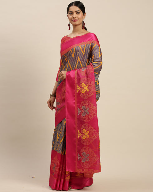 Blue And Pink Kota Silk Jamdani Printed Traditional  Saree With Blouse Piece
