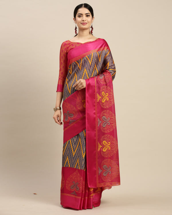 Blue And Pink Kota Silk Jamdani Printed Traditional  Saree With Blouse Piece