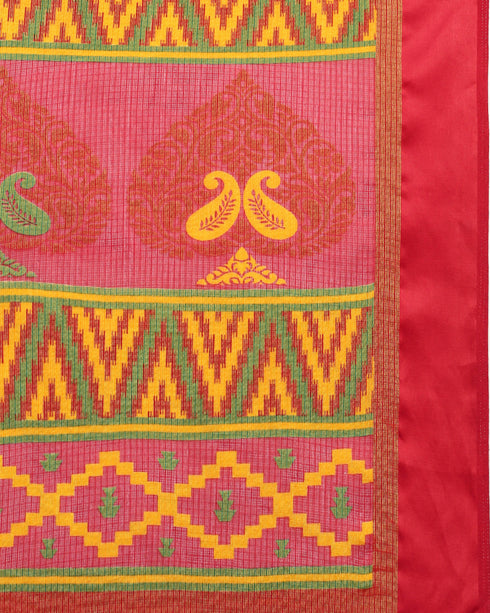 Yellow And Red Kota Silk Jamdani Printed Traditional  Saree With Blouse Piece