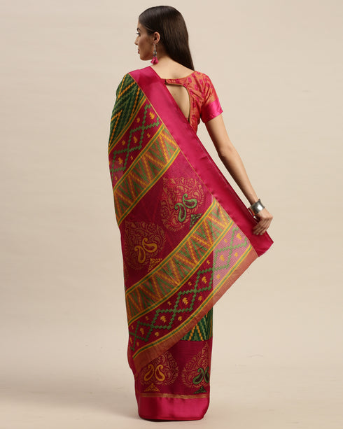 Green And Magenta Kota Silk Jamdani Printed Traditional  Saree With Blouse Piece