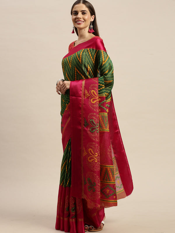 Green And Magenta Kota Silk Jamdani Printed Traditional  Saree With Blouse Piece