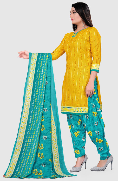 Yellow Cotton Blend Printed Unstitched Salwar Suit Material