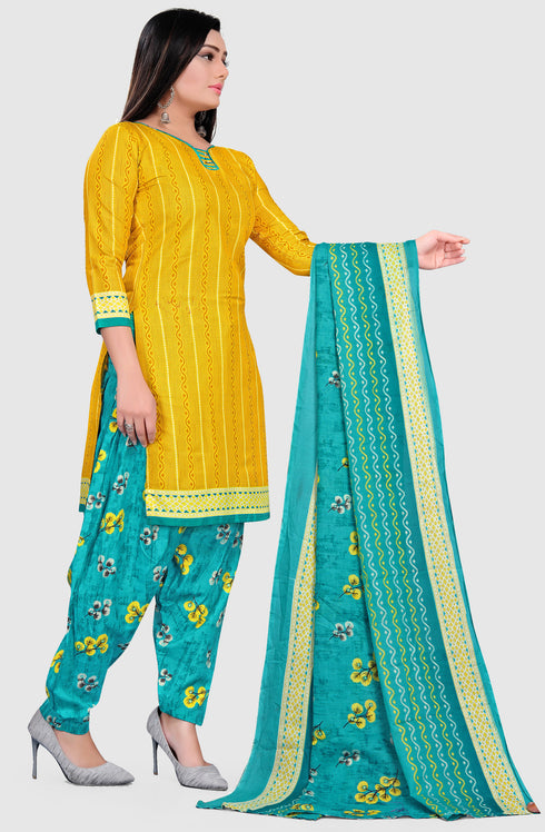 Yellow Cotton Blend Printed Unstitched Salwar Suit Material