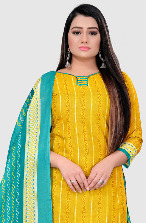 Yellow Cotton Blend Printed Unstitched Salwar Suit Material