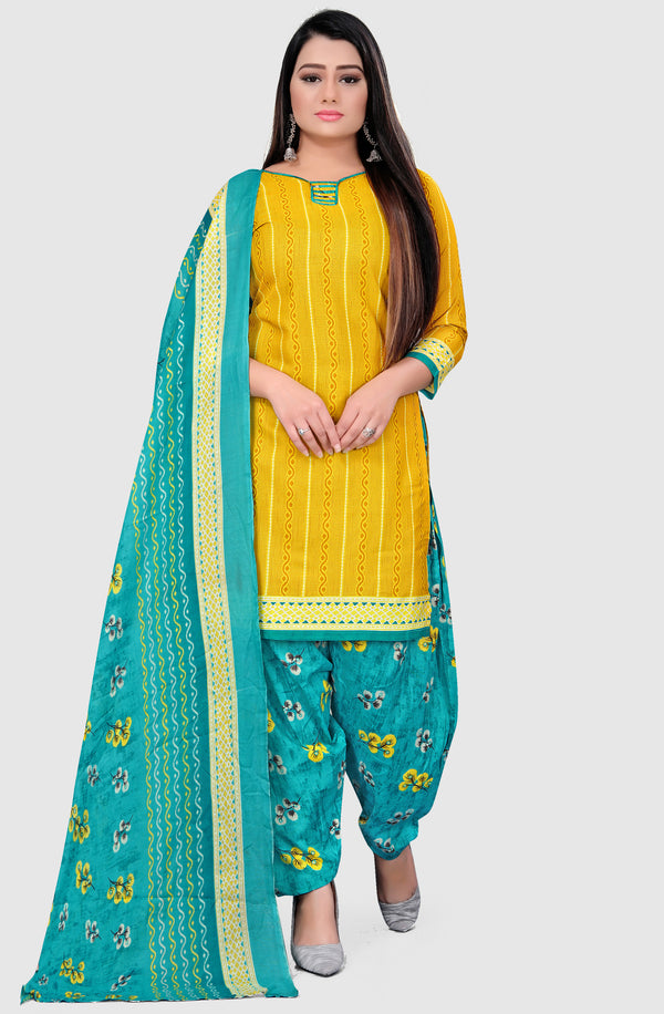Yellow Cotton Blend Printed Unstitched Salwar Suit Material