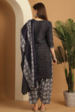 Blue Cotton Blend Printed Ready to Wear Patiala Salwar Suit