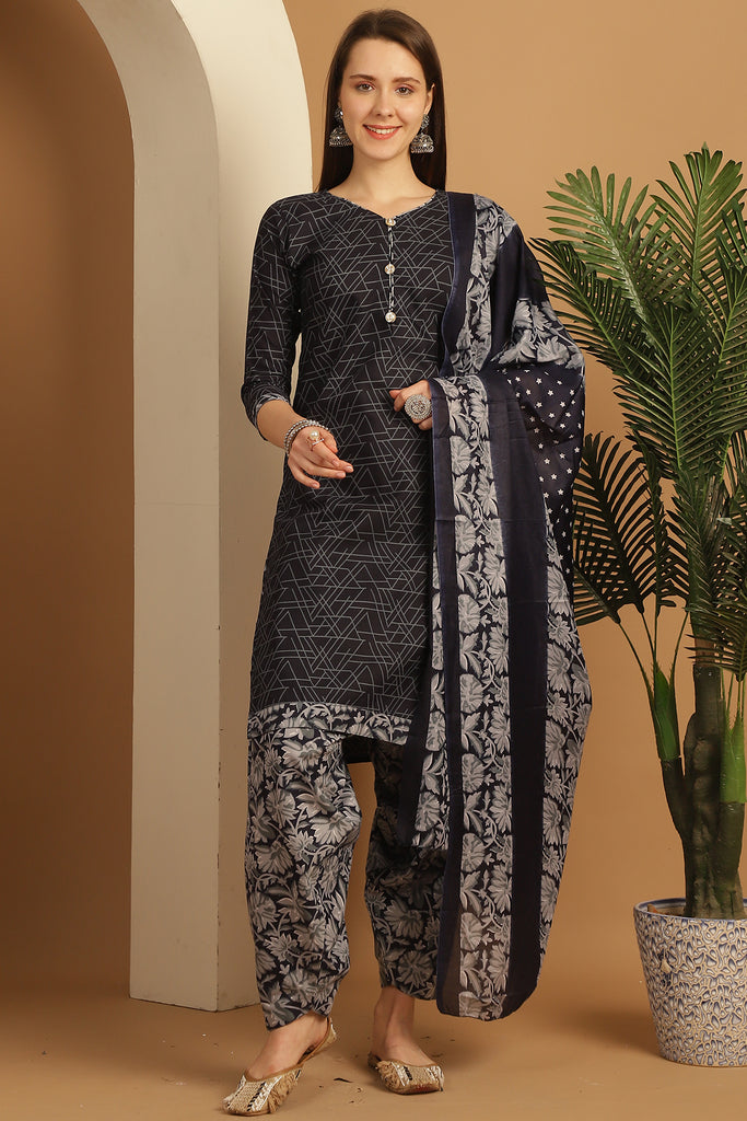 Blue Cotton Blend Printed Ready to Wear Patiala Salwar Suit