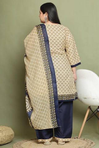 Beige Cotton Blend Printed Plus Size Ready to Wear Patiala Salwar Suit