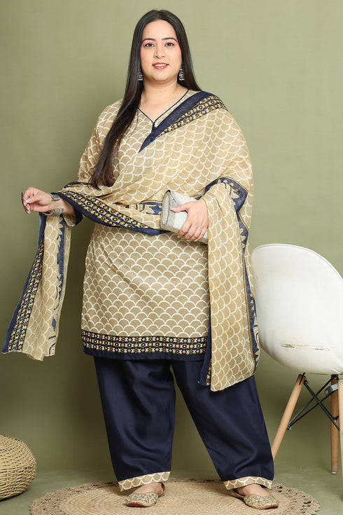 Beige Cotton Blend Printed Plus Size Ready to Wear Patiala Salwar Suit