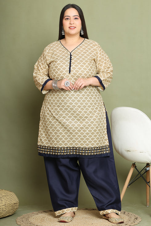 Beige Cotton Blend Printed Plus Size Ready to Wear Patiala Salwar Suit
