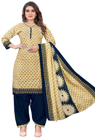 Beige Cotton Printed Ready to Wear Salwar Suit