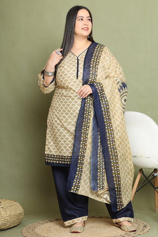 Beige Cotton Blend Printed Plus Size Ready to Wear Patiala Salwar Suit