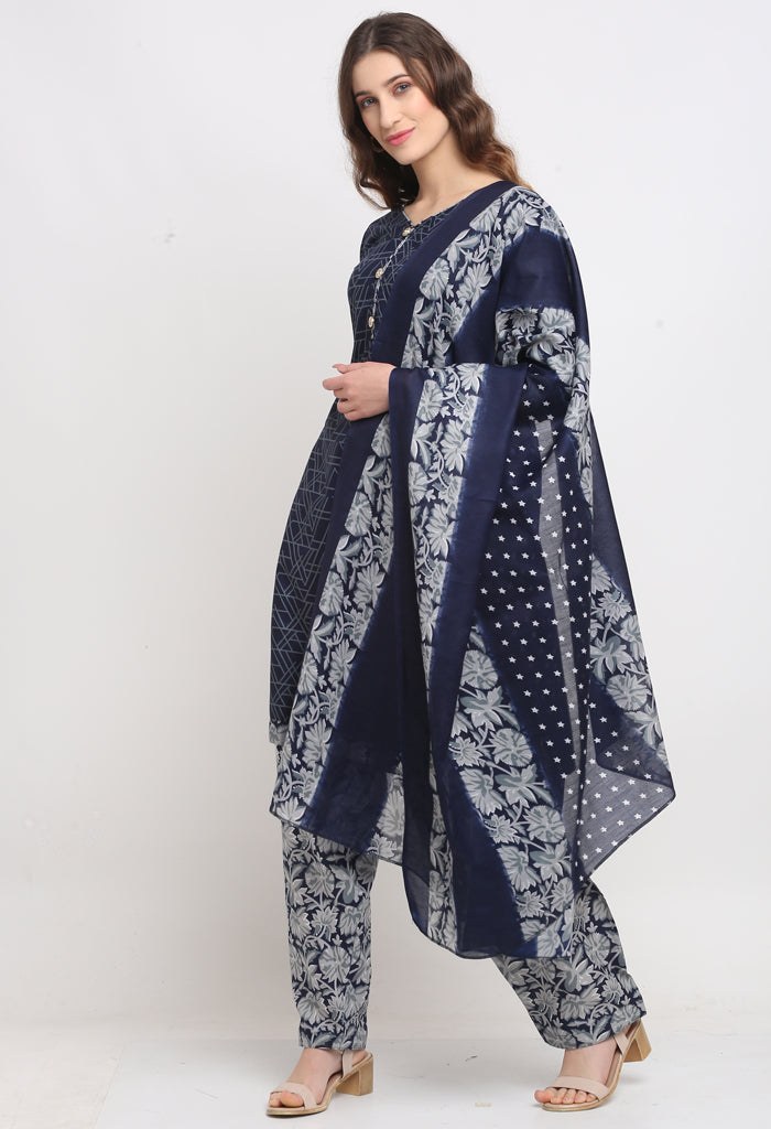 Blue Polyester Cotton Printed Salwar Suit with Dupatta