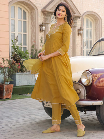 Mustard Poly Silk Embroidered Anarkali Kurta & Pant With Dupatta