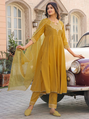 Mustard Poly Silk Embroidered Anarkali Kurta & Pant With Dupatta