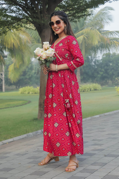 Pink Women's Rayon Jaipuri Printed Gown
