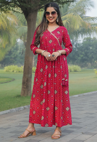 Pink Rayon Printed Anarkali Bandhani Gown