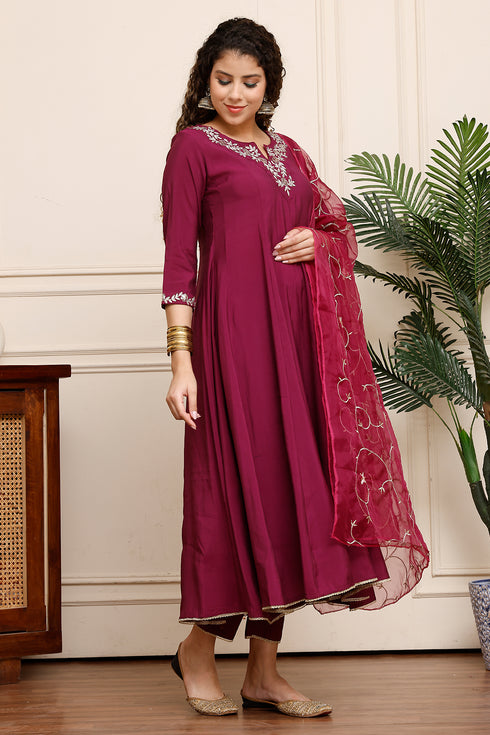 Rajnandini Women Poly Silk Embroidered Kurta & Pant With Dupatta