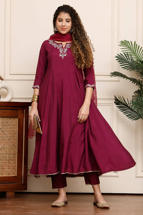Rajnandini Women Poly Silk Embroidered Kurta & Pant With Dupatta