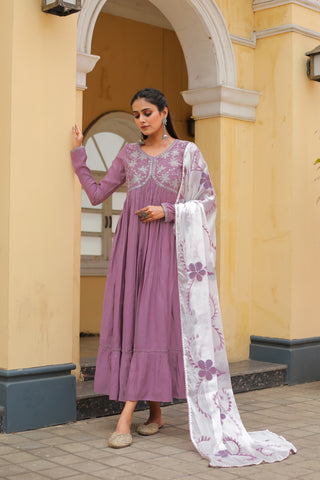 Women's Light Purple Poly Silk Embroidered Anarkali Kurta With Dupatta